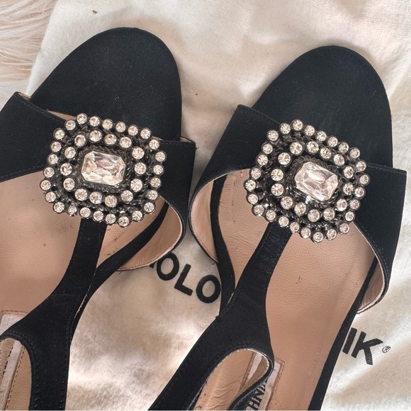 Manolo Blahnik Black Satin and Crystal Embellished Heels T-strap slingback pumps - Picture 7 of 15